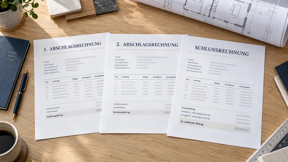 Zwei Abschlagsrechnungen und eine Schlussrechnung liegen nebeneinander auf einem Architektentisch