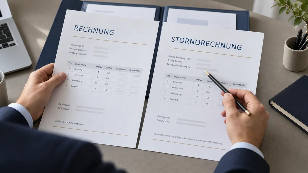 Eine Person prüft Rechnung und separate Stornorechnung nebeneinander und zeigt auf den Originalbezug
