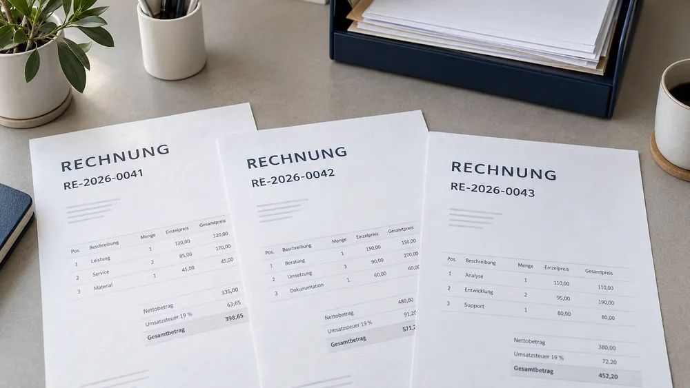 Drei geordnet liegende Rechnungen zeigen die aufeinanderfolgenden Nummern RE-2026-0041, RE-2026-0042 und RE-2026-0043