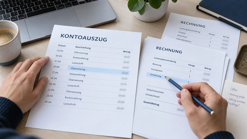 Eine Person vergleicht markierte Zeilen auf einem Kontoauszug mit einer Rechnung