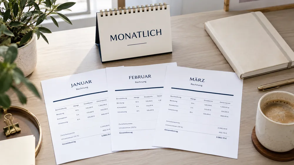 Gleich gestaltete Rechnungen für Januar, Februar und März liegen vor einem Tischplaner mit der Aufschrift Monatlich