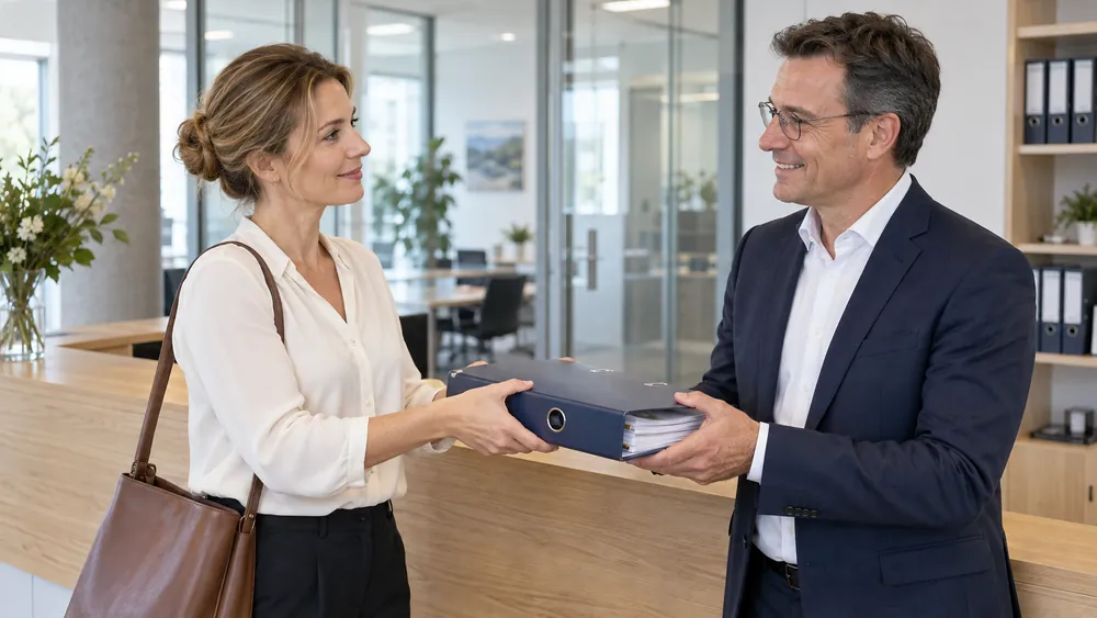Eine Unternehmerin übergibt einem lächelnden Steuerberater an der Kanzleirezeption einen blauen Belegordner