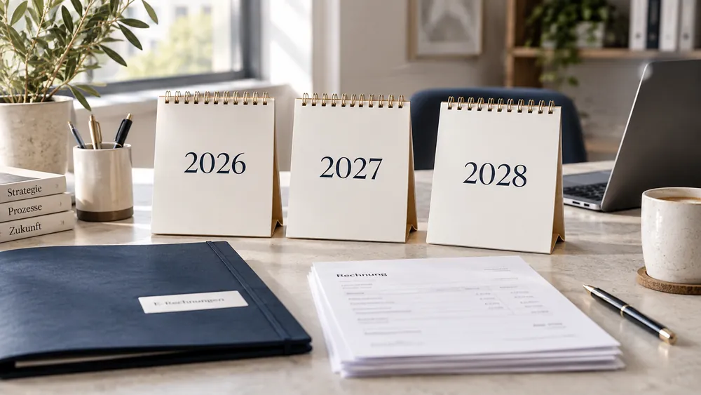 Drei Tischplaner mit den Jahreszahlen 2026, 2027 und 2028 neben geordneten Rechnungsunterlagen