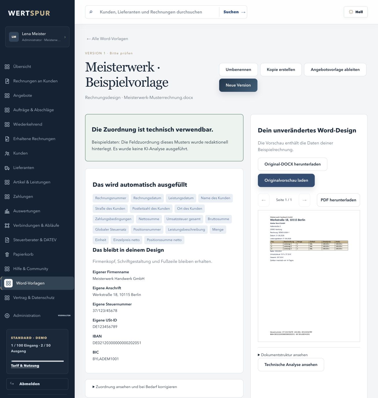 Felder und Vorschau prüfen: Variable Angaben prüfen, das ursprüngliche Word-Design ansehen und die Vorlage ausdrücklich freigeben.