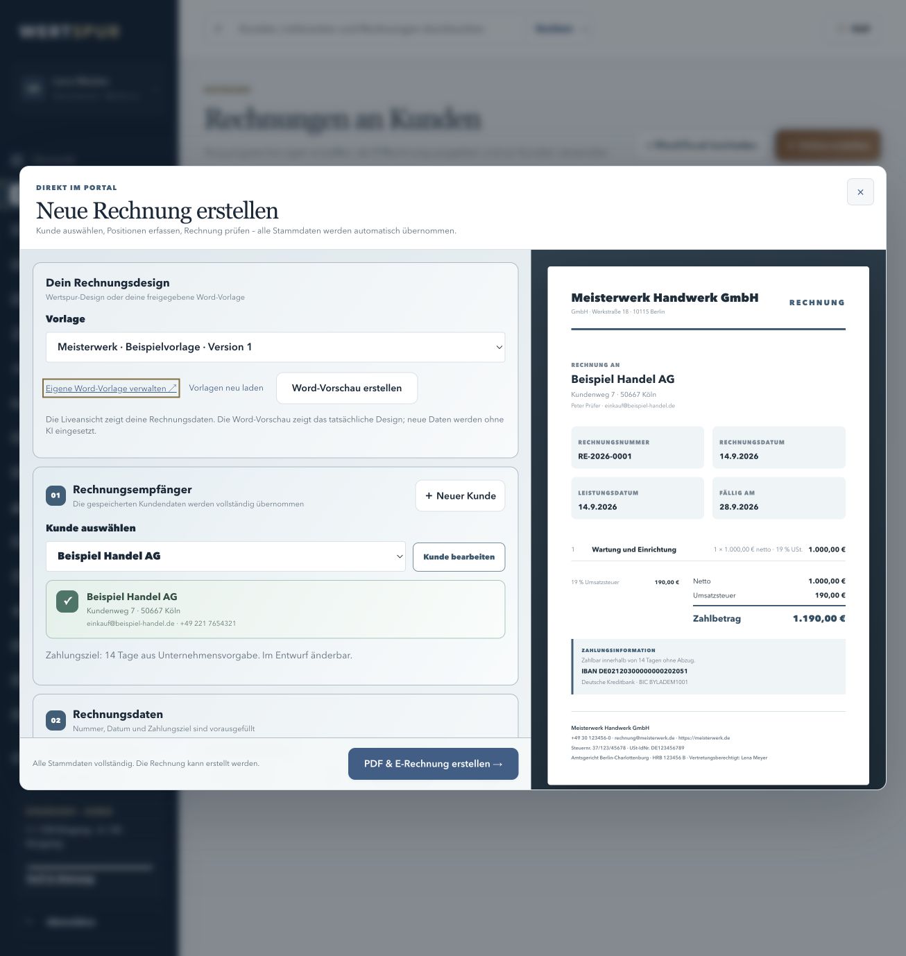 Neue Rechnung online erstellen: Die freigegebene Word-Vorlage auswählen, Kunde und Leistungen eingeben. PDF und E-Rechnung entstehen aus denselben Angaben.