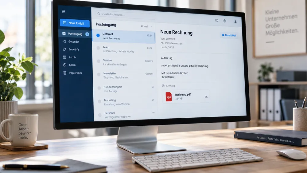 Ein Monitor zeigt eine neu eingegangene Rechnungs-E-Mail mit PDF-Anhang