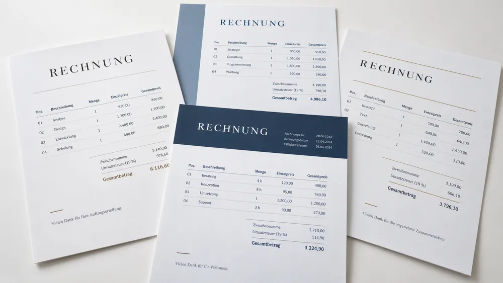 Vier gedruckte Rechnungsvorlagen mit unterschiedlichen Layouts in Weiß, Blau und Champagner